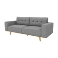 Grey tufted 3-seater sofa three-quarter view showing tufted backrest, armrest and wood legs on white background