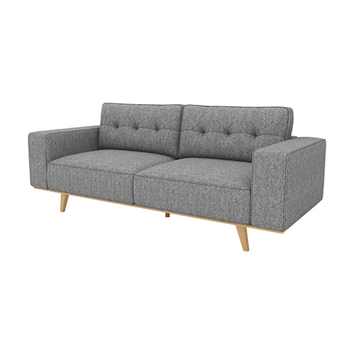 Grey tufted 3-seater sofa three-quarter view showing tufted backrest, armrest and wood legs on white background