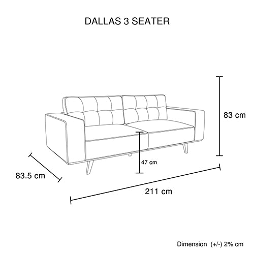 Dallas 3 Seater sofa dimension diagram showing 211cm width 83.5cm depth 83cm height and 47cm seat height