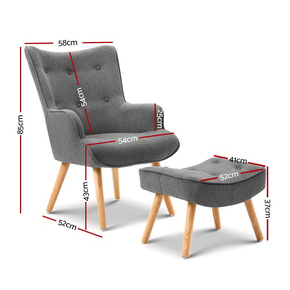 Dimensions diagram of grey tufted wingback armchair and ottoman: chair 58W 85H 52D cm, seat height 43cm, ottoman 52x41x37cm