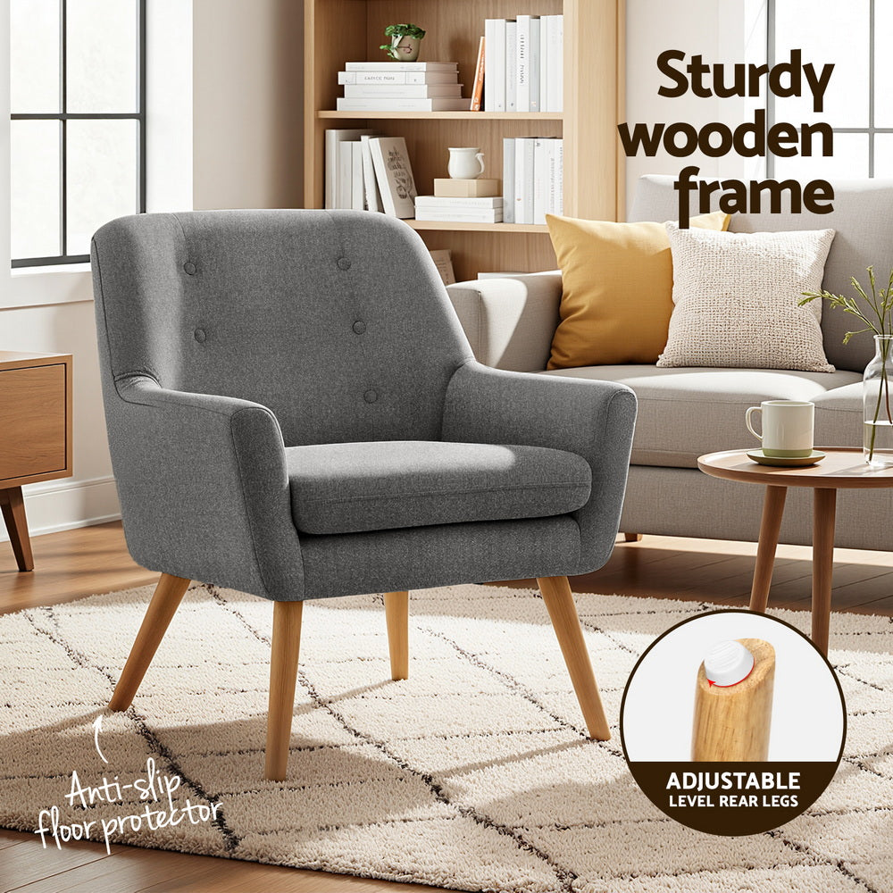 Dark grey tufted armchair in living room, "Sturdy wooden frame" text, adjustable rear legs detail inset, anti-slip callout