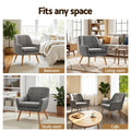 Dark grey tufted armchair in four settings: bedroom, living room, study room, and cafe, 