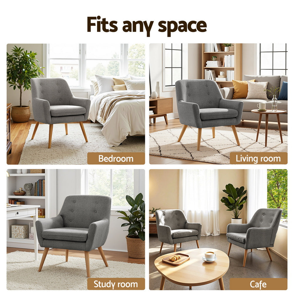 Dark grey tufted armchair in four settings: bedroom, living room, study room, and cafe, "Fits any space" text