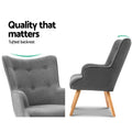 Two-panel grey tufted wingback armchair: button-tufted backrest close-up and side view with natural wood legs