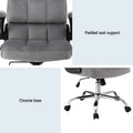 Grey velvet tufted chair two-panel: padded seat support close-up and chrome base close-up with height adjustment lever