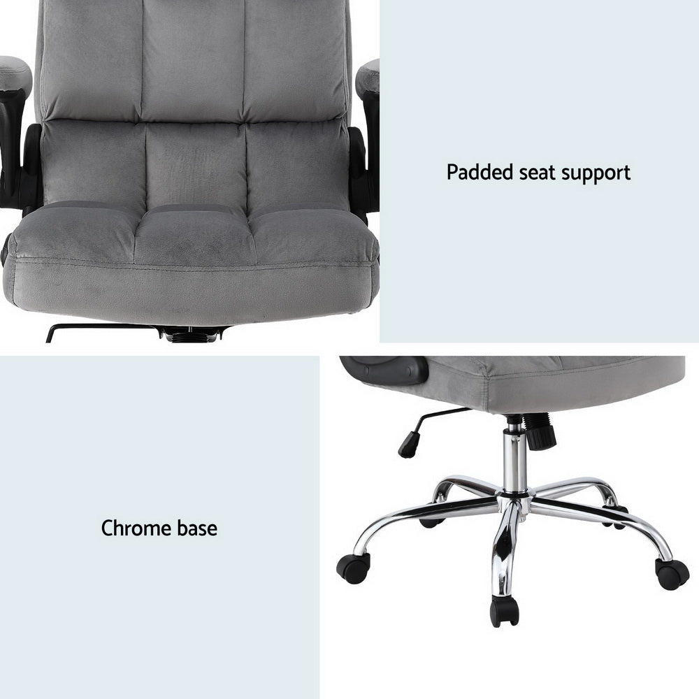 Grey velvet tufted chair two-panel: padded seat support close-up and chrome base close-up with height adjustment lever