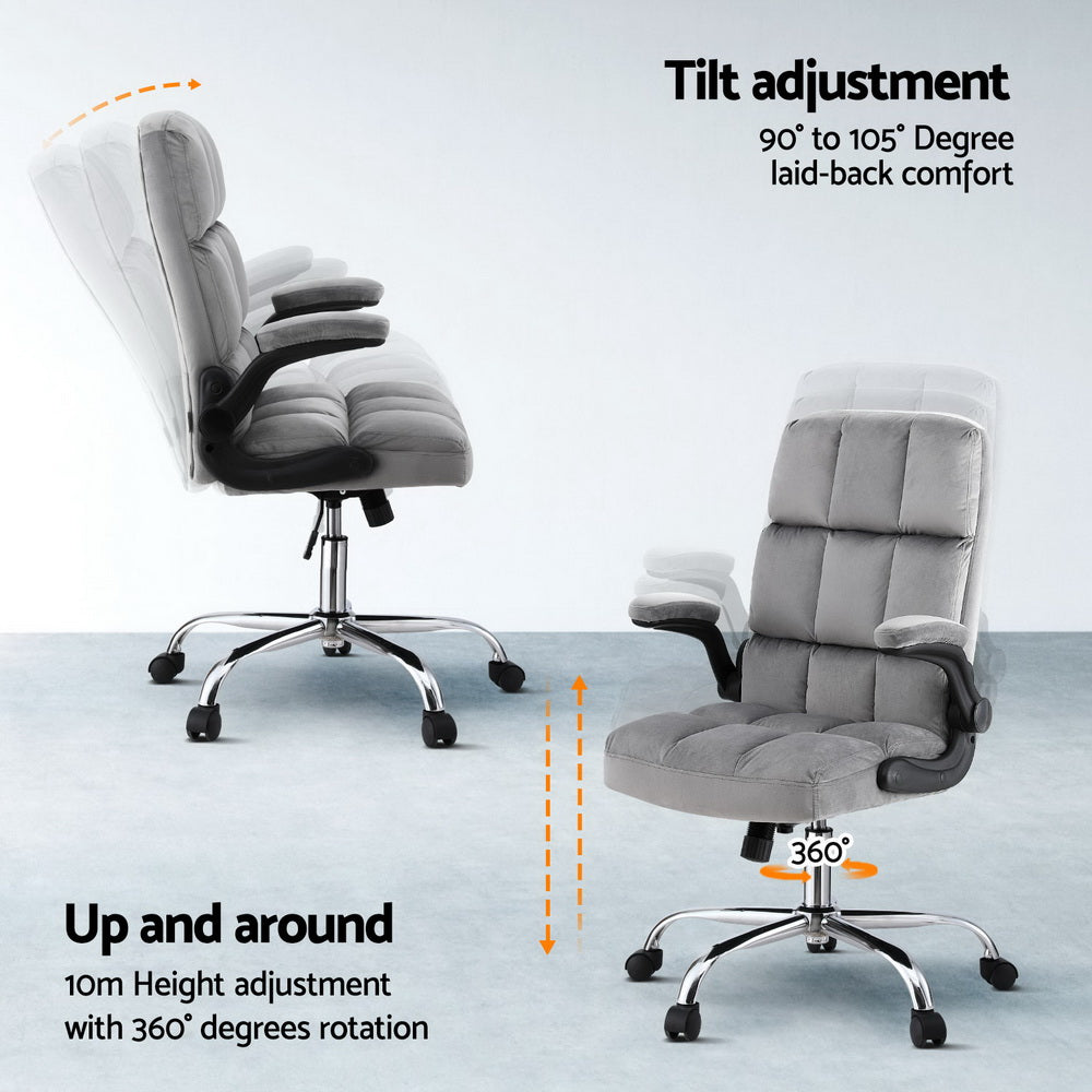 Grey velvet tufted chair tilt 90-105 degrees infographic: side and angle view with 10cm height and 360-degree rotation