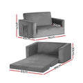 Dimensions diagram for grey velvet kids sofa bed: 76cm wide, 41cm high, extends to 99cm x 61cm bed