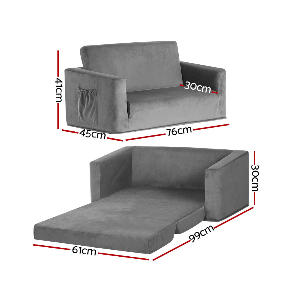 Dimensions diagram for grey velvet kids sofa bed: 76cm wide, 41cm high, extends to 99cm x 61cm bed
