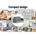 Grey velvet kids sofa bed compact design shown in four settings: kindergarten, bedroom, living room