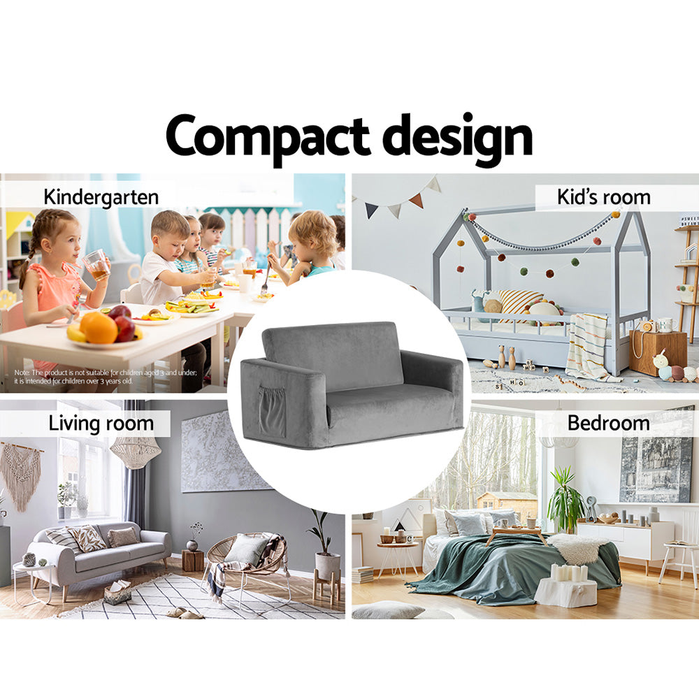 Grey velvet kids sofa bed compact design shown in four settings: kindergarten, bedroom, living room