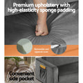 Grey velvet kids sofa bed upholstery infographic showing foam padding, zip cover and side pocket
