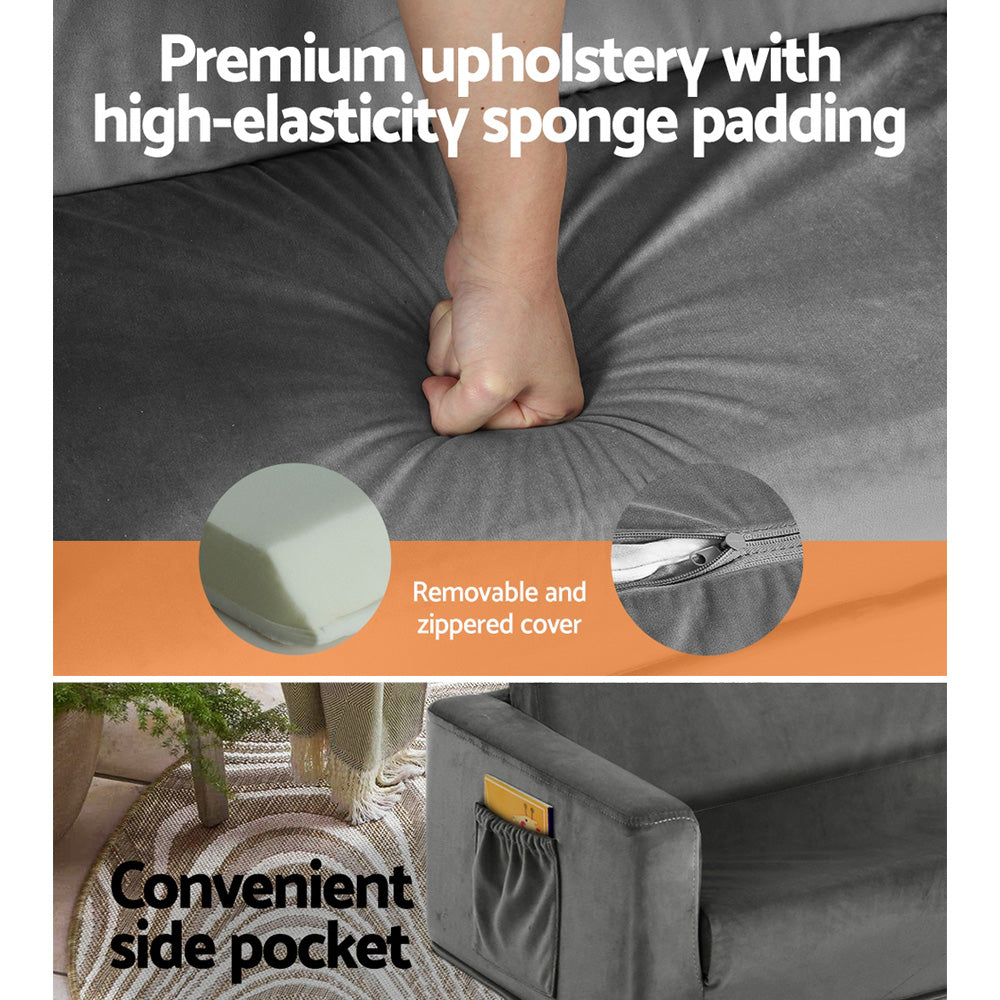 Grey velvet kids sofa bed upholstery infographic showing foam padding, zip cover and side pocket