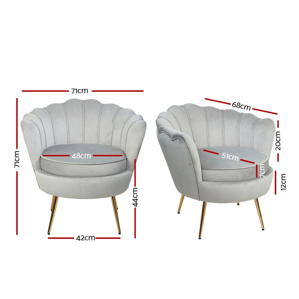 Grey velvet scallop armchair dimension diagram front and side view: 71cm tall, 71cm wide, 48cm seat, 68cm deep