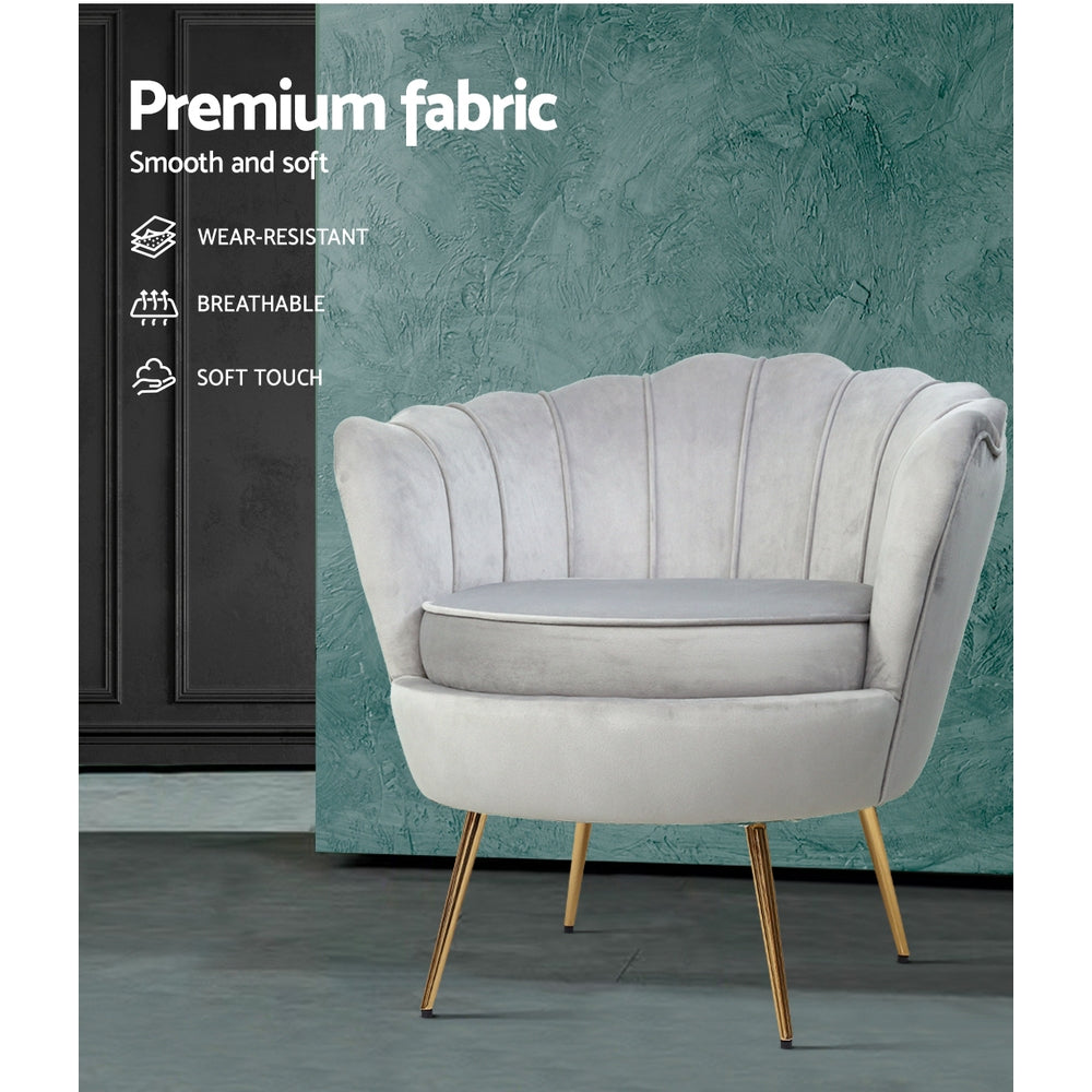 Grey velvet scallop shell armchair with gold legs and feature badges: Premium fabric, Wear-resistant, Breathable, Soft touch