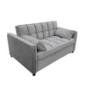 Grey velvet 2-seater sofa bed with tufted cushions and two throw pillows on white background angle view