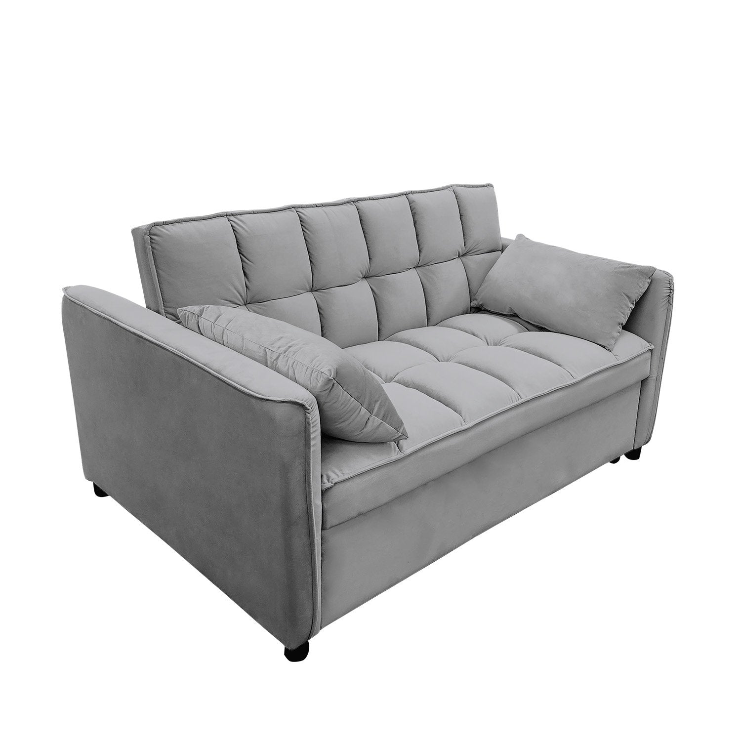 Grey velvet 2-seater sofa bed with tufted cushions and two throw pillows on white background angle view