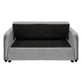 Space-saving design infographic showing grey velvet sofa bed in sofa, reclined, and flat bed positions