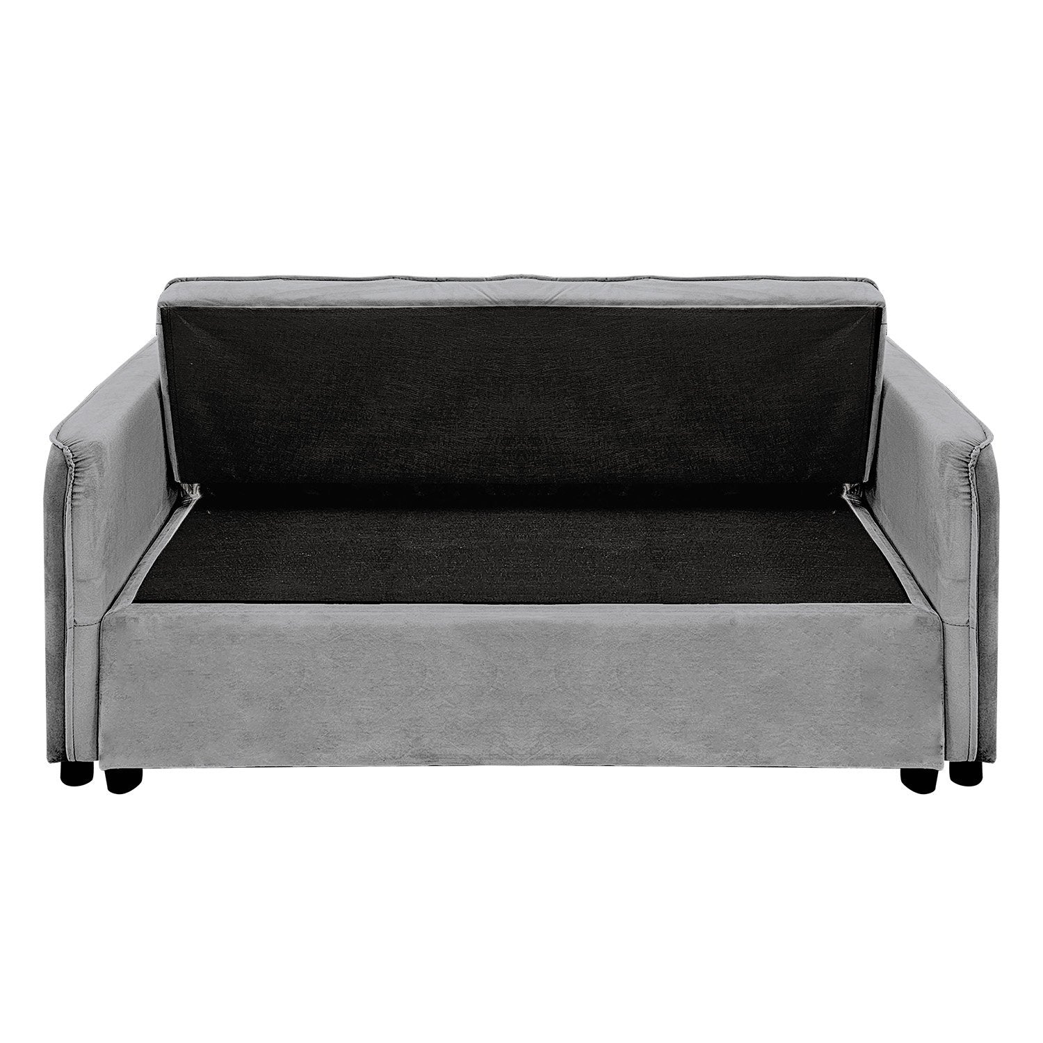Space-saving design infographic showing grey velvet sofa bed in sofa, reclined, and flat bed positions