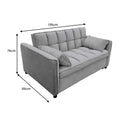 Grey velvet sofa bed angle view with dimension labels showing 135cm width 95cm depth and 76cm height