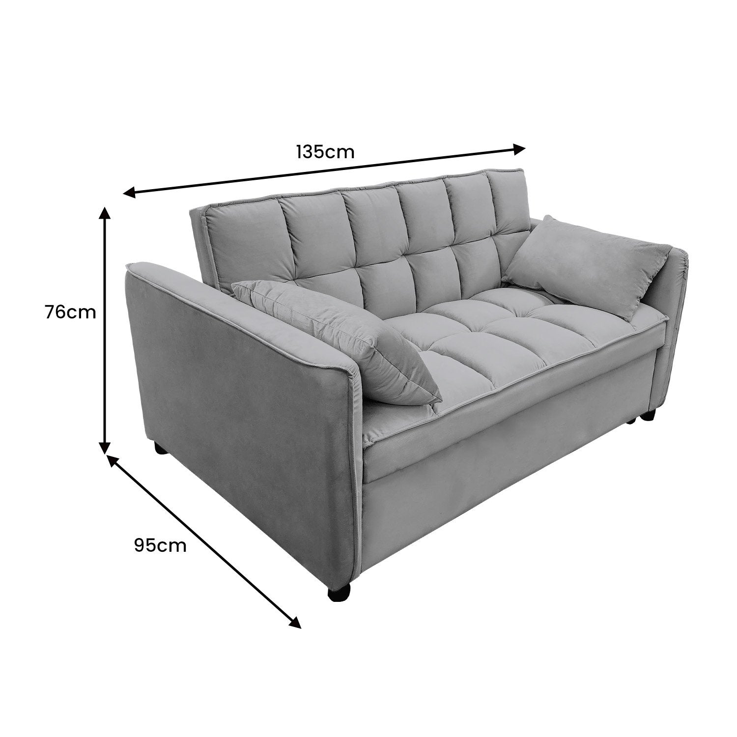 Grey velvet sofa bed angle view with dimension labels showing 135cm width 95cm depth and 76cm height