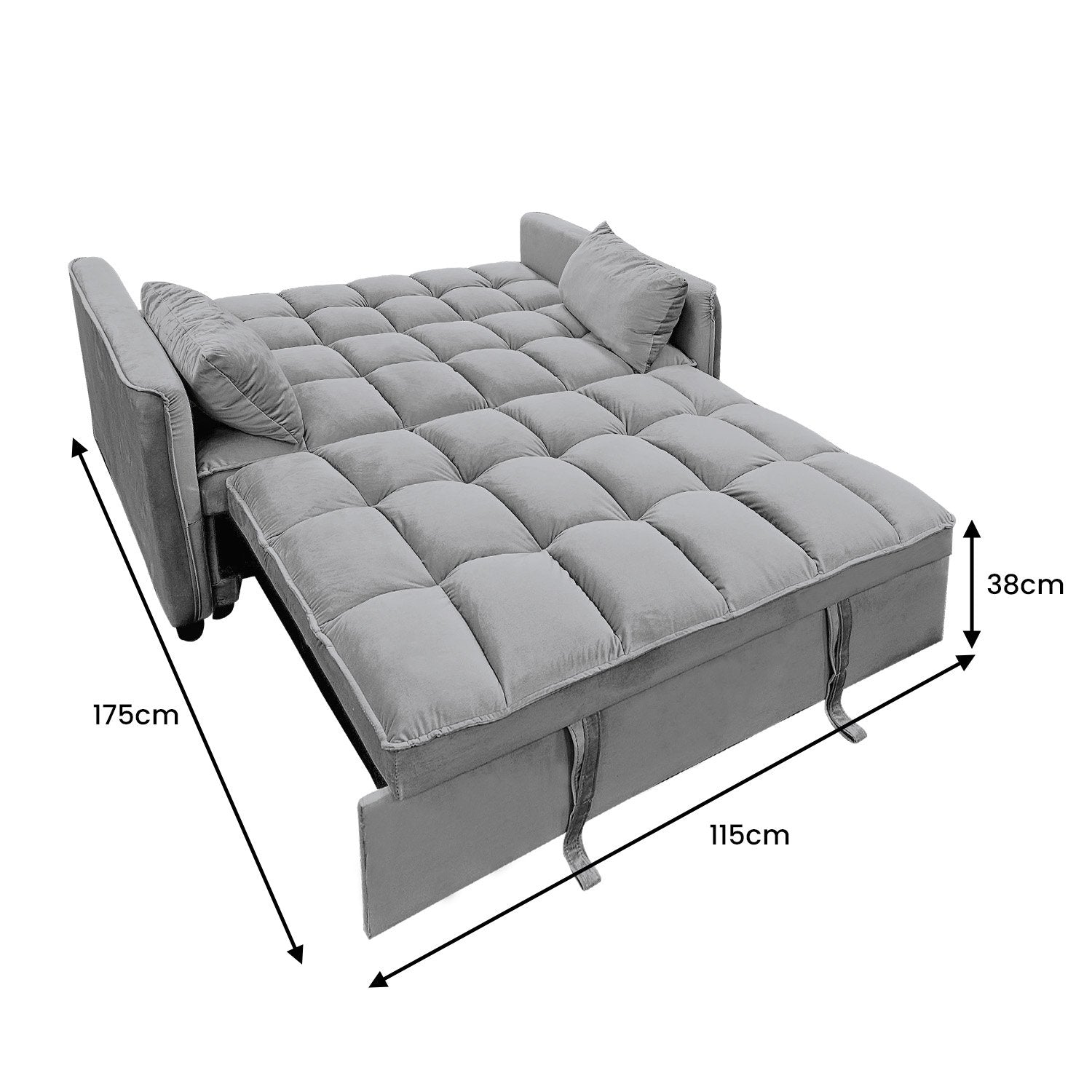 Grey velvet sofa bed extended flat position showing 175cm by 115cm tufted sleep surface from angle