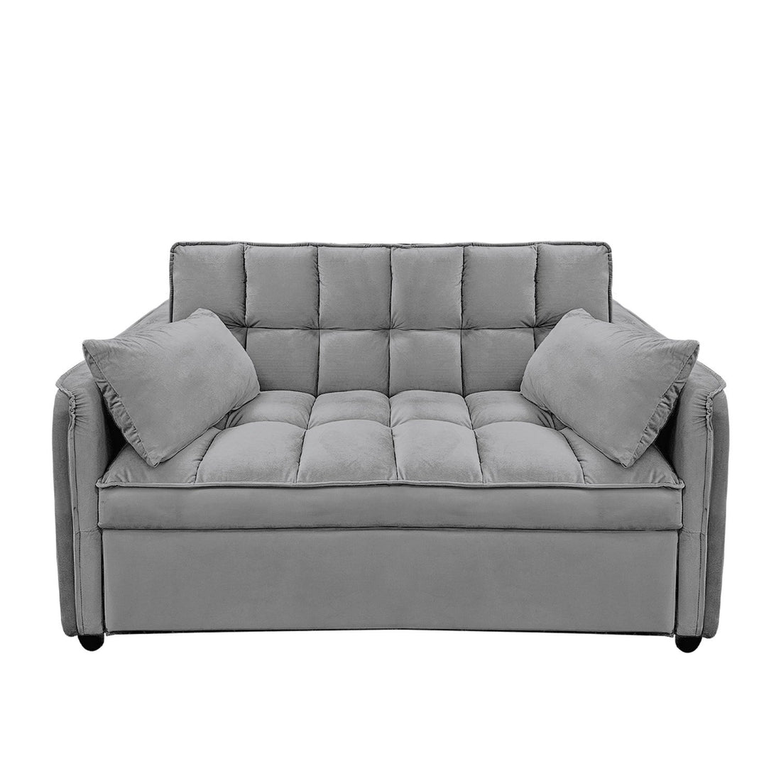 Grey velvet 2-seater sofa bed with tufted cushions and two throw pillows on white background angle view