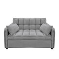 Grey velvet 2-seater sofa bed front view with tufted back cushion and two throw pillows on white