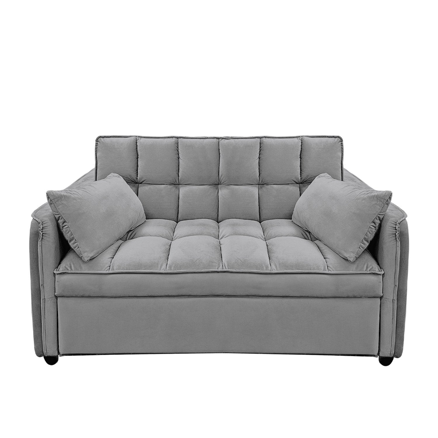 Grey velvet 2-seater sofa bed front view with tufted back cushion and two throw pillows on white