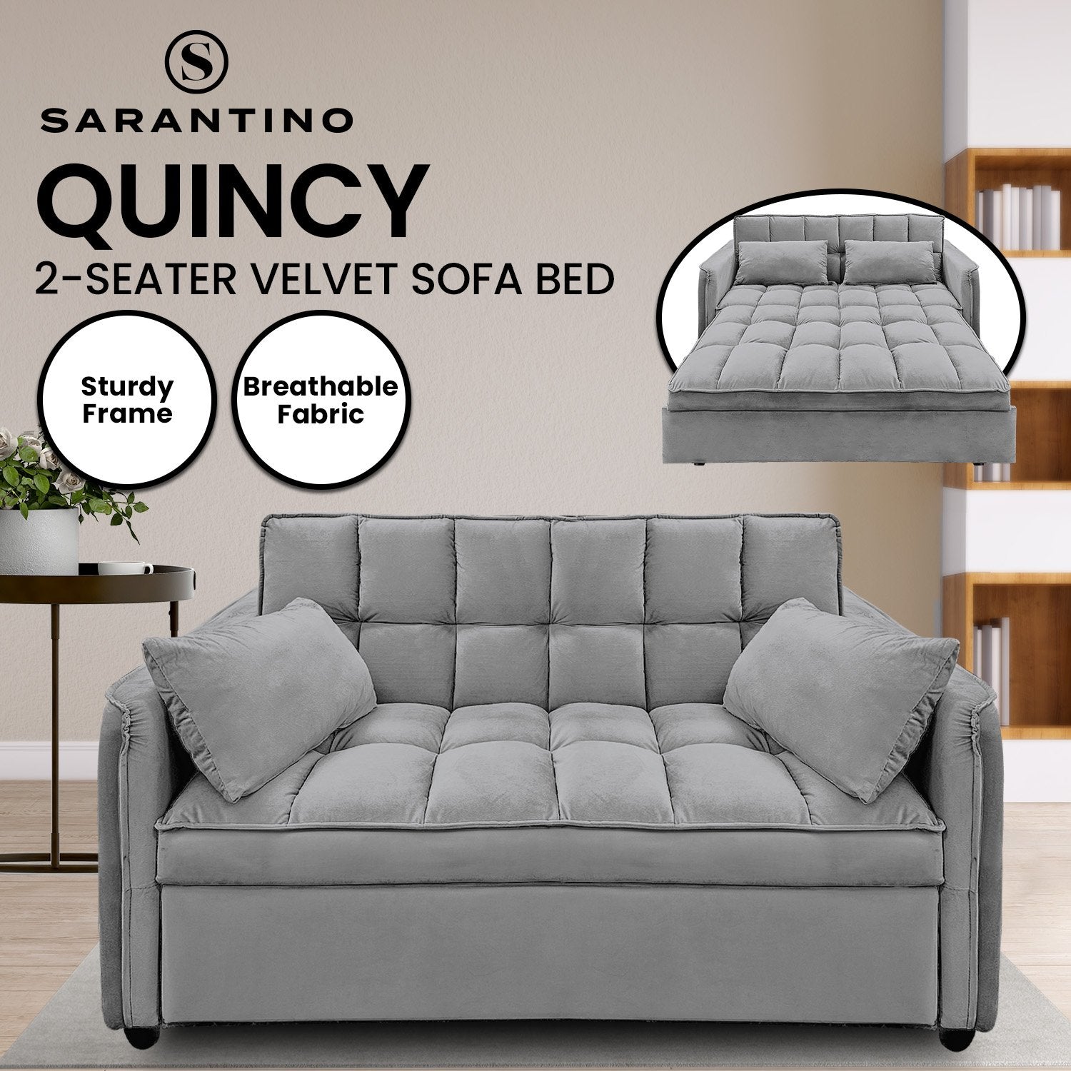 Grey velvet sofa bed in lifestyle room with floor lamp and rug showing Robust Wooden Frame text overlay