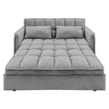 Grey velvet sofa bed front view with backrest raised showing dark interior frame during conversion