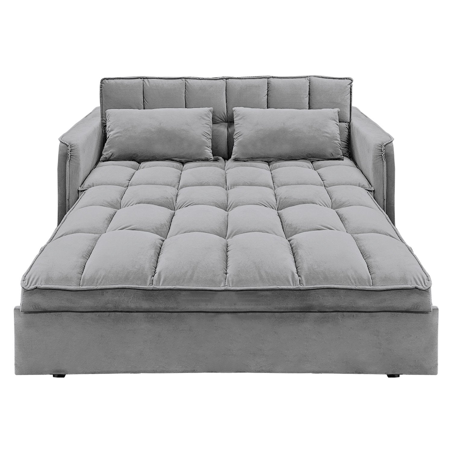 Grey velvet sofa bed front view with backrest raised showing dark interior frame during conversion