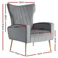 Grey velvet wingback armchair dimensions diagram showing 73cm width 91.5cm height 50cm seat width and 41cm seat height