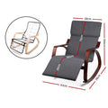 Dimensions of grey fabric walnut-frame rocking recliner: 59W 100H cm, back 73cm, footrest 50x35cm, length 67cm, depth 78cm