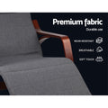 Close-up of grey fabric walnut-frame recliner arm and seat, badges: Premium fabric, Wear-resistant, Breathable, Soft touch
