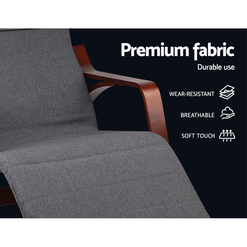Close-up of grey fabric walnut-frame recliner arm and seat, badges: Premium fabric, Wear-resistant, Breathable, Soft touch