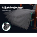Walnut-frame recliner footrest infographic: 5-level ratchet mechanism, text: Adjustable footrest, 5-level adjustments