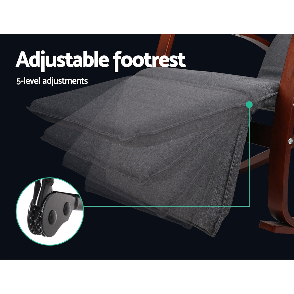Walnut-frame recliner footrest infographic: 5-level ratchet mechanism, text: Adjustable footrest, 5-level adjustments