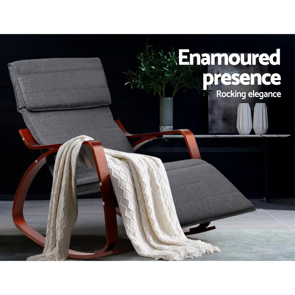 Grey fabric walnut-frame rocking recliner with cream throw in dark lifestyle room, text: Enamoured presence, Rocking elegance