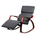 Grey fabric bentwood rocking recliner with walnut-finish frame and extended footrest, angle view on white background