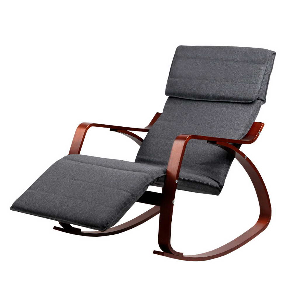 Grey fabric bentwood rocking recliner with walnut-finish frame and extended footrest, angle view on white background