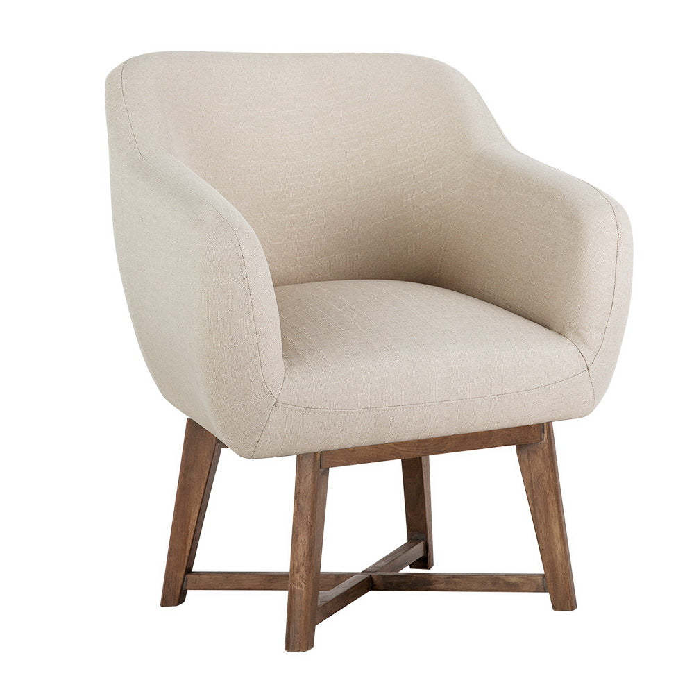 Grey wingback armchair front and rear views, seat 51x13cm, text: Premium craftsmanship, Cushioned comfort