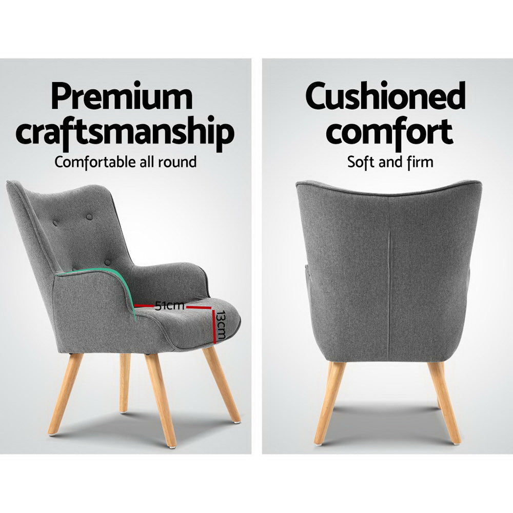 Grey fabric ottoman: 11cm height, rubber wood legs, high resilience foam, anti-scratch leg pads, text: Plush ottoman