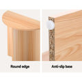 Detail panel: rounded tabletop edge and anti-slip white rubber base foot showing particle board core construction