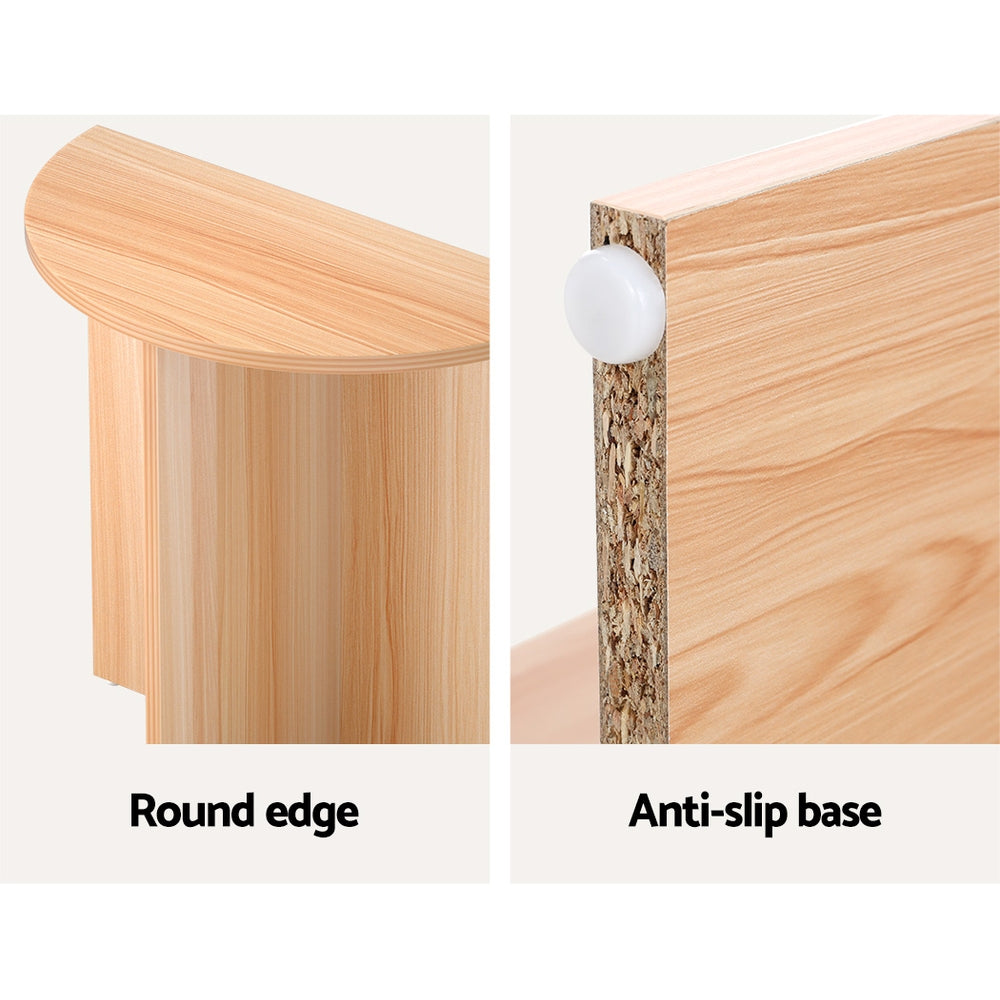 Detail panel: rounded tabletop edge and anti-slip white rubber base foot showing particle board core construction