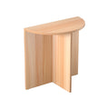 Half-moon side table angle view on white background, semicircular top and cross-shaped panel base, natural oak grain