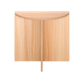 Rear view of half-moon side table showing flat back panel and cross-shaped base, natural oak grain, white background