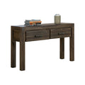 Hall table three-quarter view: dark charcoal wood, two drawers with metal bar handles, square legs, books and vase on top