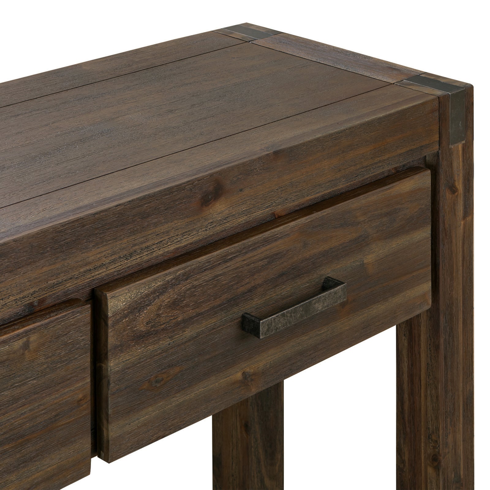 Close-up of dark wood hall table corner showing drawer with metal bar handle, metal corner bracket and wood grain