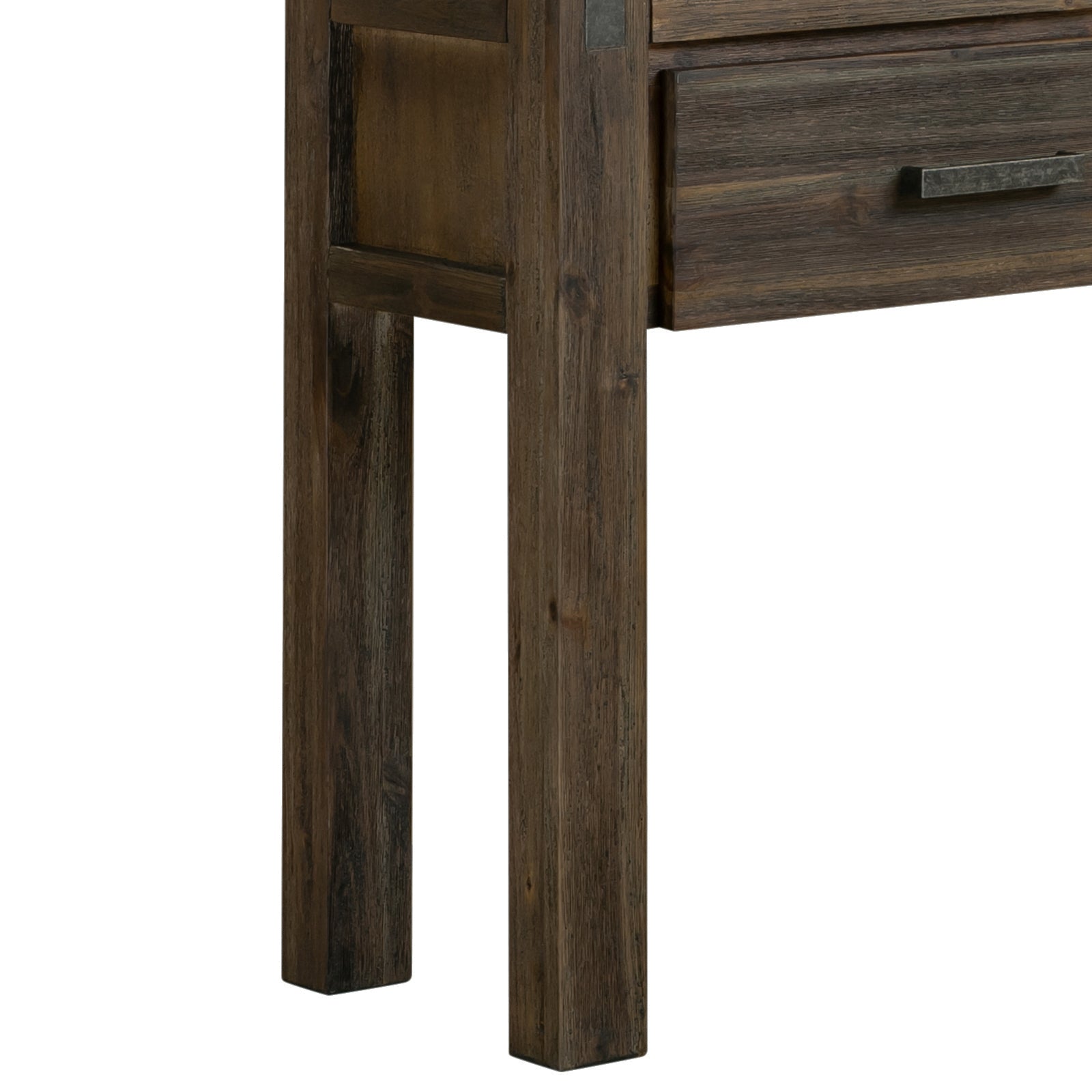 Close-up of dark charcoal wood hall table showing chunky square legs and structural side panel, drawer with handle visible